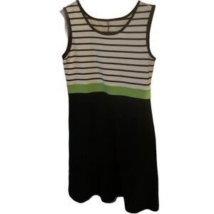 Blue and white striped sleeveless dress.